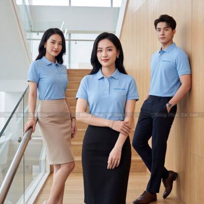 Đồng phục áo polo tay ngắn may sẵn màu xanh dương nhạt 6