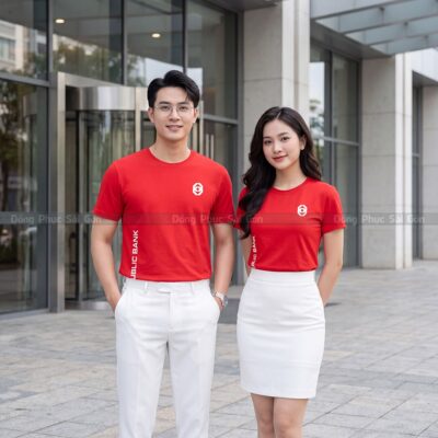 Đồng phục áo thun cổ tròn may sẵn cho công ty màu đỏ 3