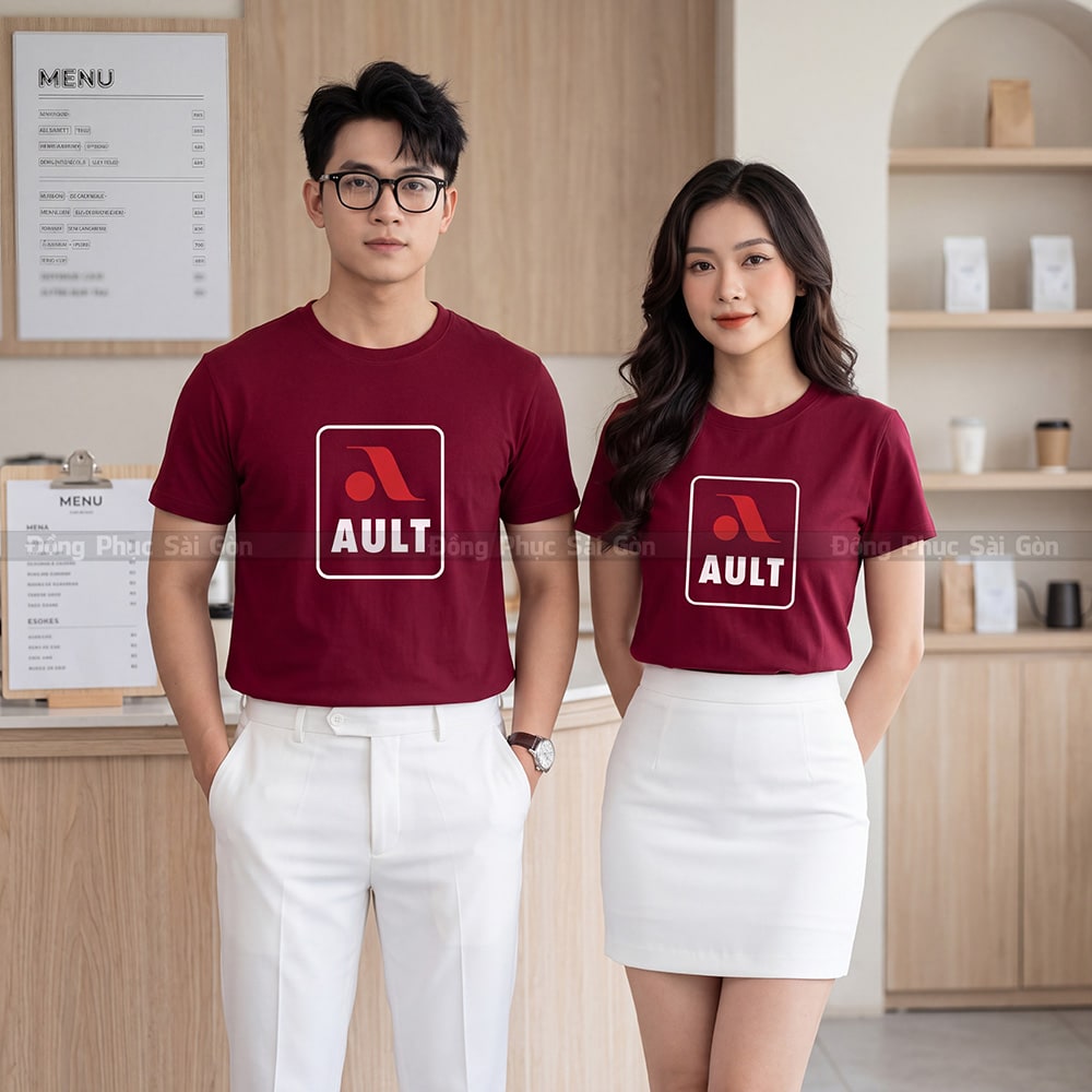 Đồng phục áo thun cổ tròn may sẵn màu đỏ đô vải Cotton 4 chiều 2