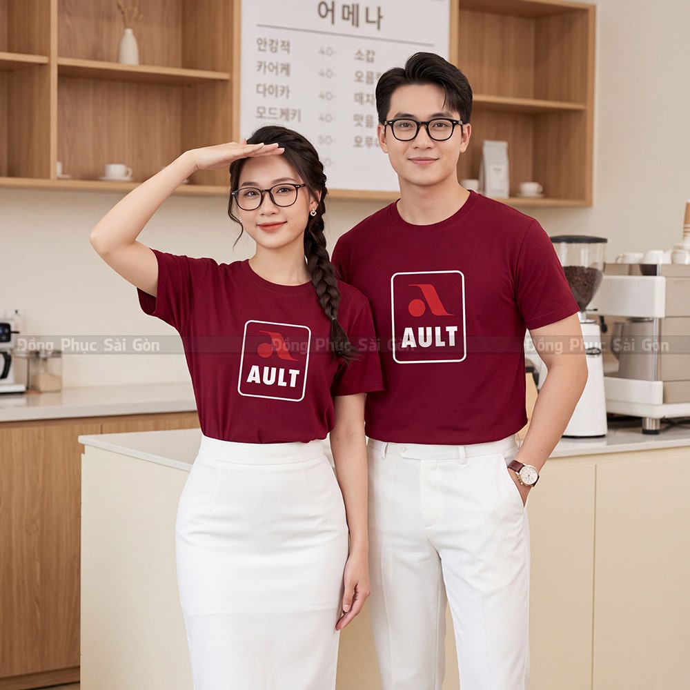 Đồng phục áo thun cổ tròn may sẵn màu đỏ đô vải Cotton 4 chiều 3