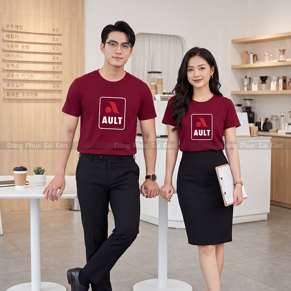 Đồng phục áo thun cổ tròn may sẵn màu đỏ đô vải Cotton 4 chiều 4