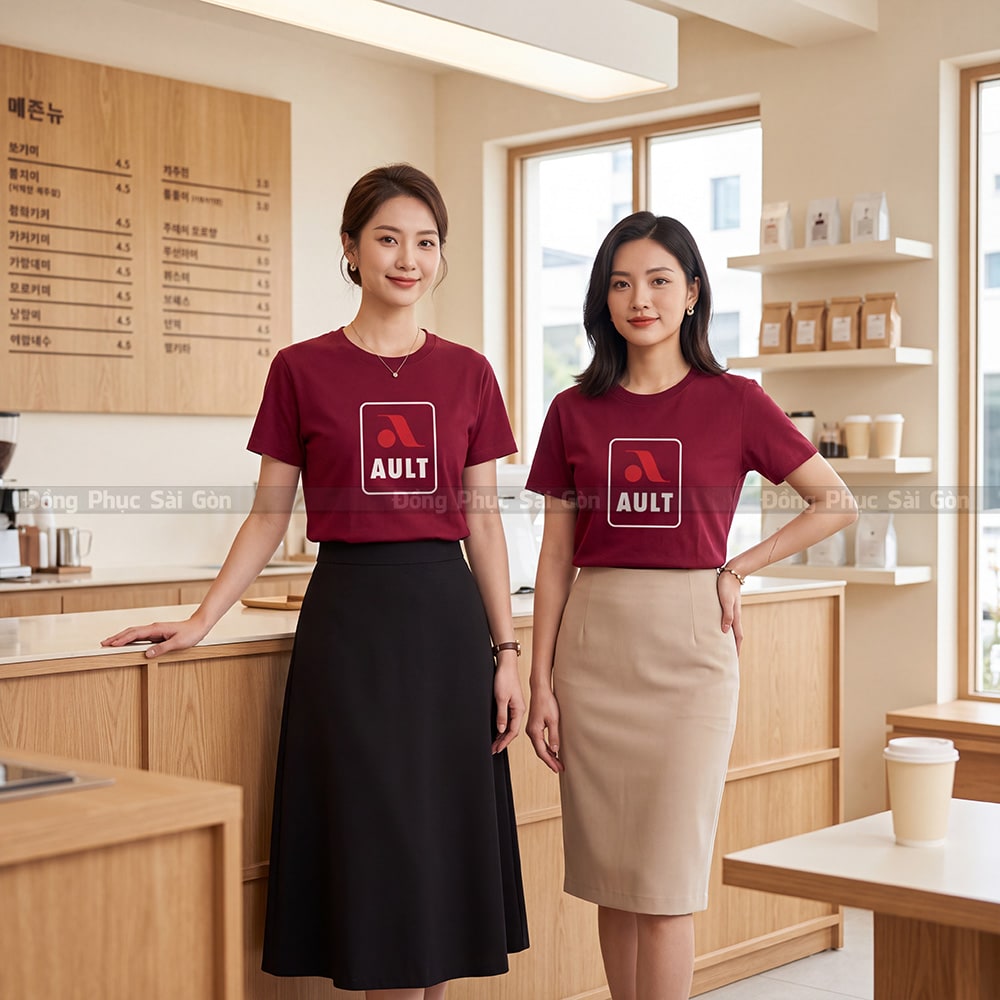 Đồng phục áo thun cổ tròn may sẵn màu đỏ đô vải Cotton 4 chiều 5