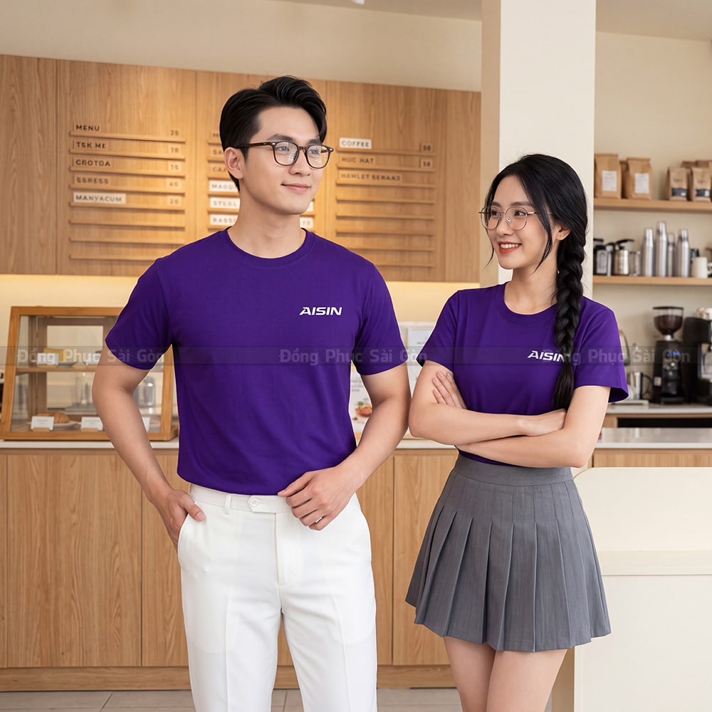 Đồng phục áo thun cổ tròn may sẵn màu tím giá rẻ 5