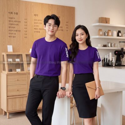 Đồng phục áo thun cổ tròn may sẵn màu tím giá rẻ 6