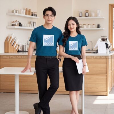Đồng phục áo thun cổ tròn may sẵn màu xanh may gia công 4
