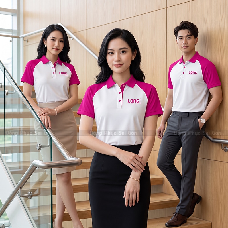 Đồng phục áo thun công sở màu trắng phối hồng chuyên nghiệp 4