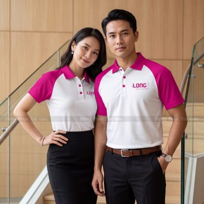 Đồng phục áo thun công sở màu trắng phối hồng chuyên nghiệp 5