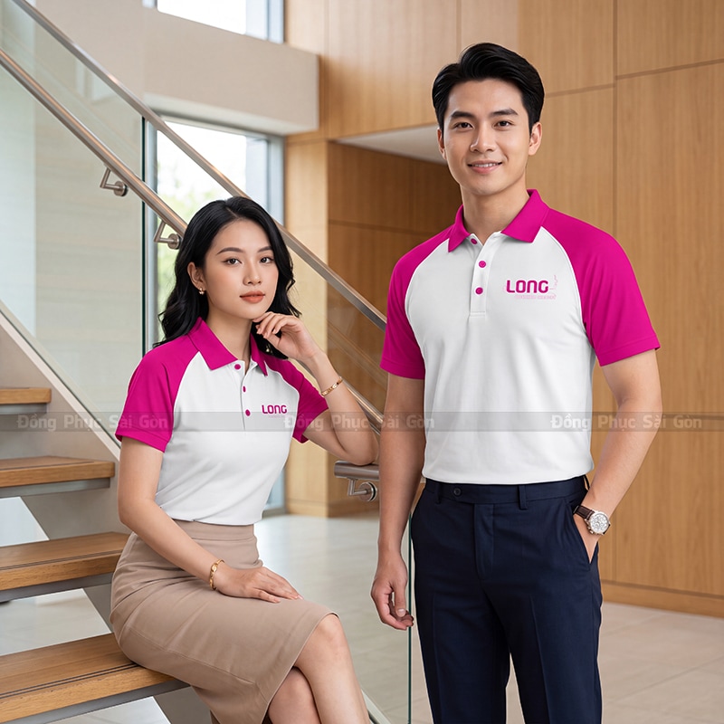 Đồng phục áo thun công sở màu trắng phối hồng chuyên nghiệp 6