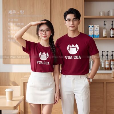 Đồng phục cổ tròn may sẵn màu đỏ đô form unisex 3