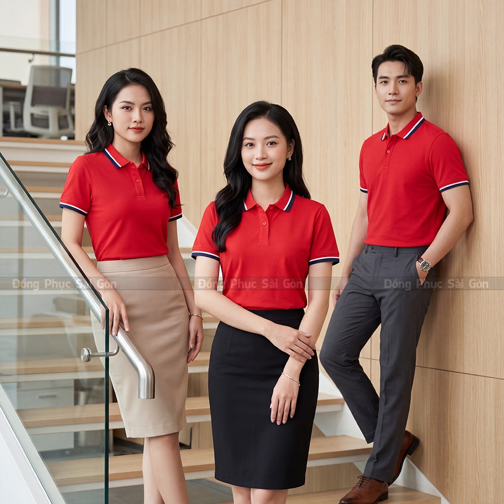 Đồng phục polo may sẵn màu đỏ nổi bật 4