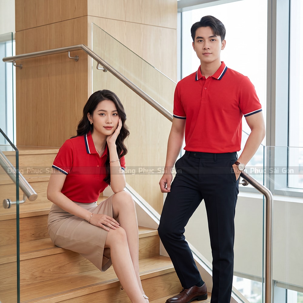 Đồng phục polo may sẵn màu đỏ nổi bật 5