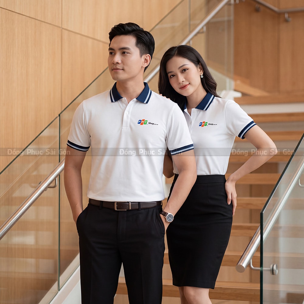 Đồng phục polo may sẵn màu trắng tiện lợi 1