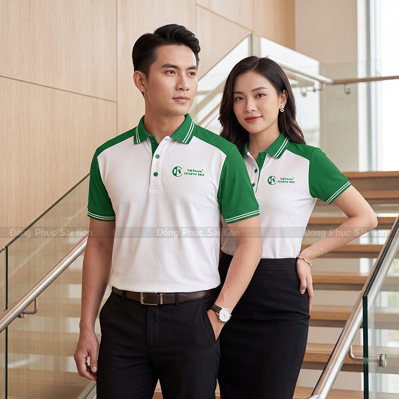 In áo thun đồng phục màu trắng phối xanh thanh lịch 5