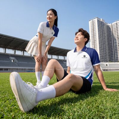 Mẫu áo thun đồng phục công ty đẹp màu trắng phối xanh 2