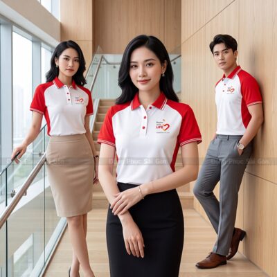 Mẫu đồng phục áo phông công ty màu trắng phối đỏ cao cấp 5