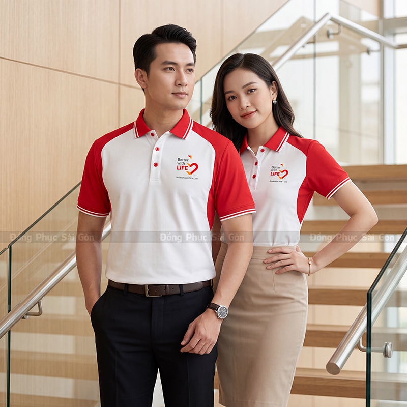Mẫu đồng phục áo phông công ty màu trắng phối đỏ cao cấp 6