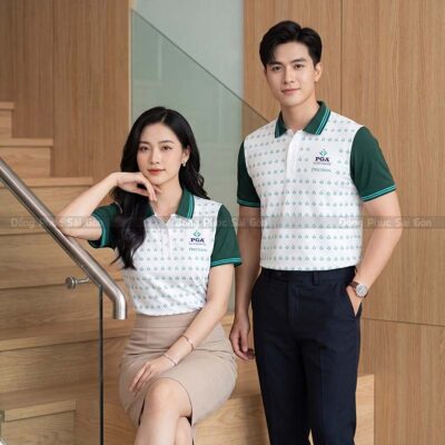 Mẫu đồng phục công ty màu xanh rêu phối trắng cao cấp 1