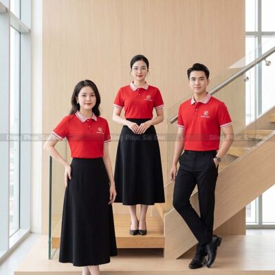 Thiết kế áo công ty màu đỏ phối bo cổ đẹp 1
