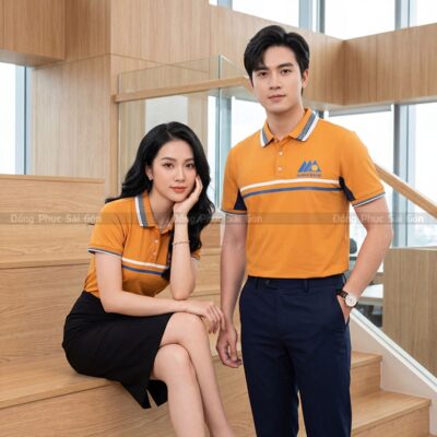 Xưởng may áo polo công ty màu cam bền màu 1