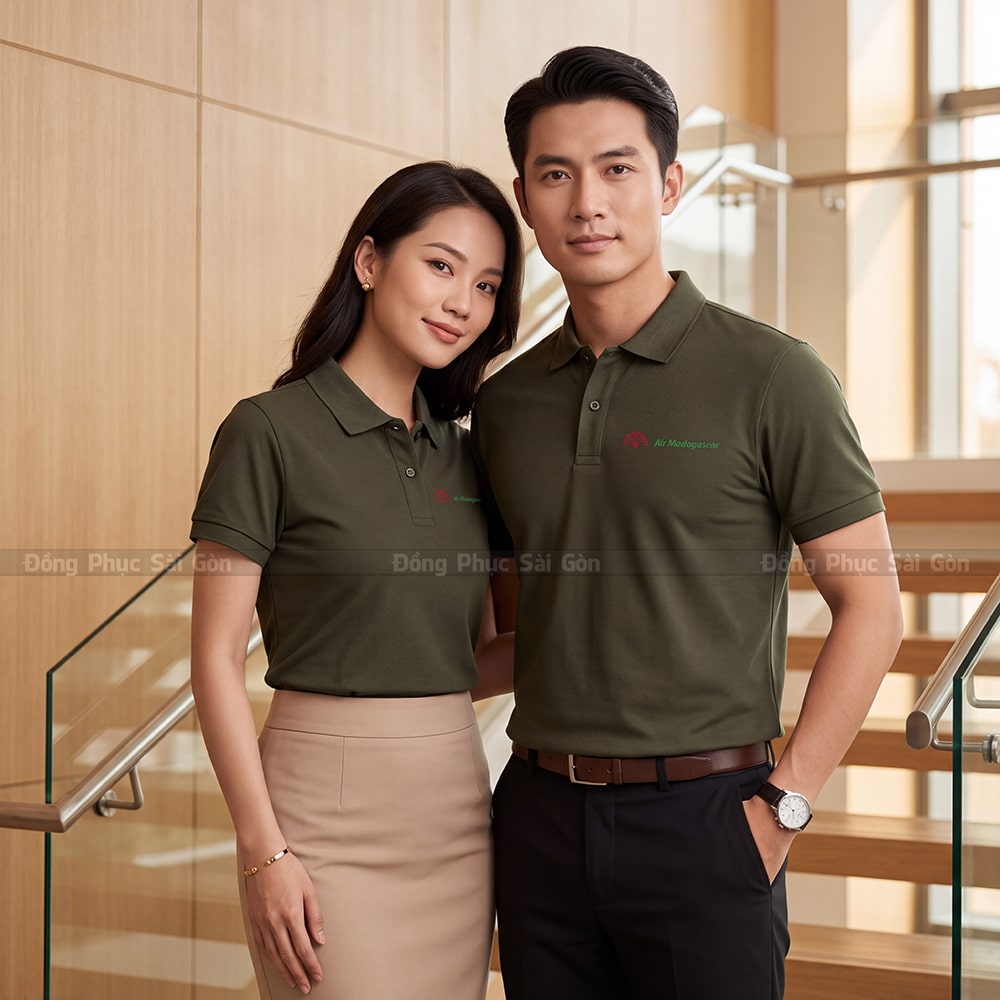 Xưởng may áo polo đồng phục có sẵn màu xanh rêu giá rẻ 1