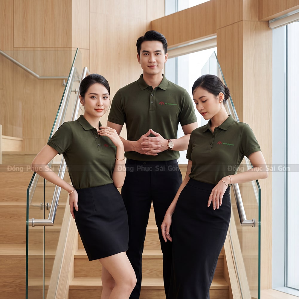 Xưởng may áo polo đồng phục có sẵn màu xanh rêu giá rẻ 5