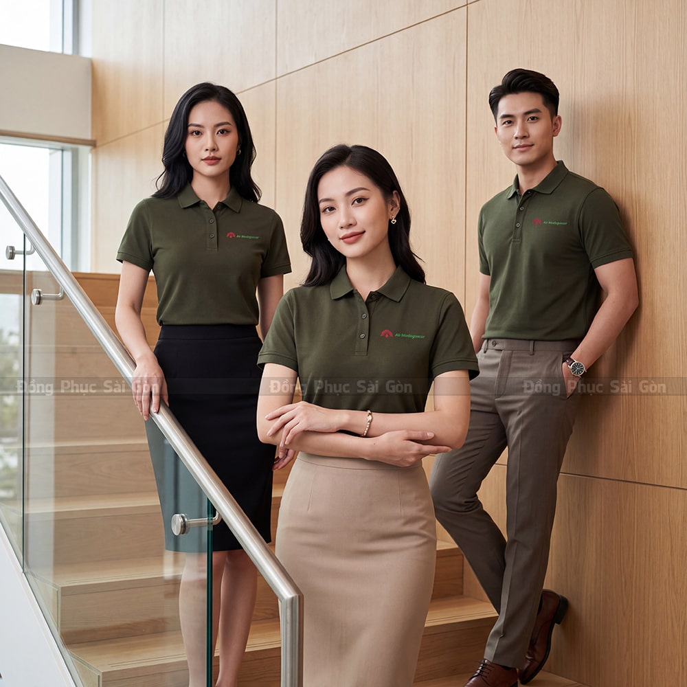 Xưởng may áo polo đồng phục có sẵn màu xanh rêu giá rẻ 6