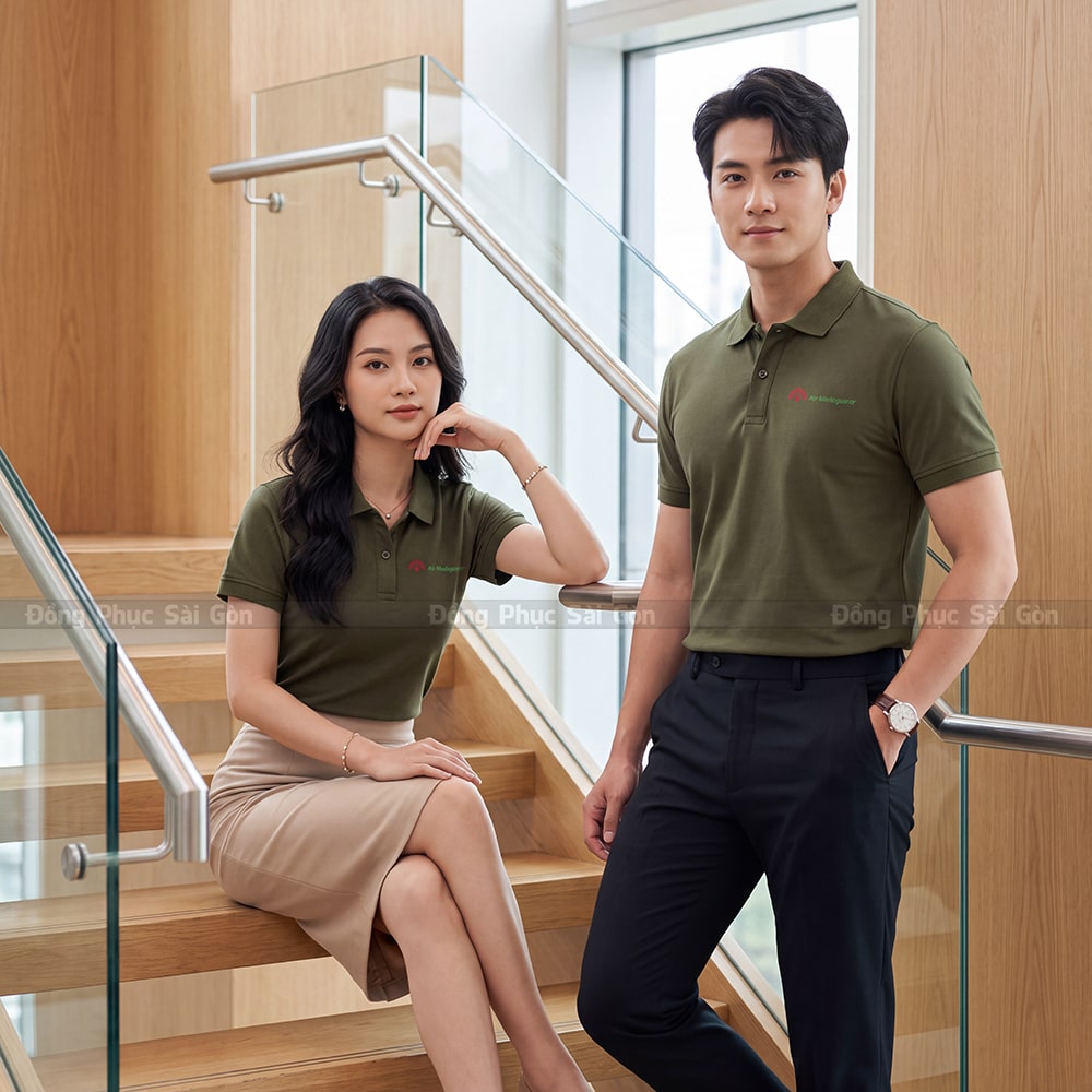 Xưởng may áo polo đồng phục có sẵn màu xanh rêu giá rẻ 7