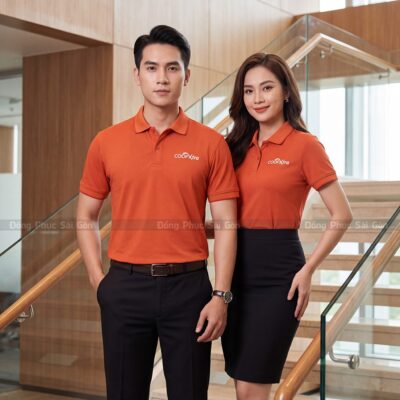 Xưởng may áo thun polo nam nữ giá rẻ may sẵn màu cam 1